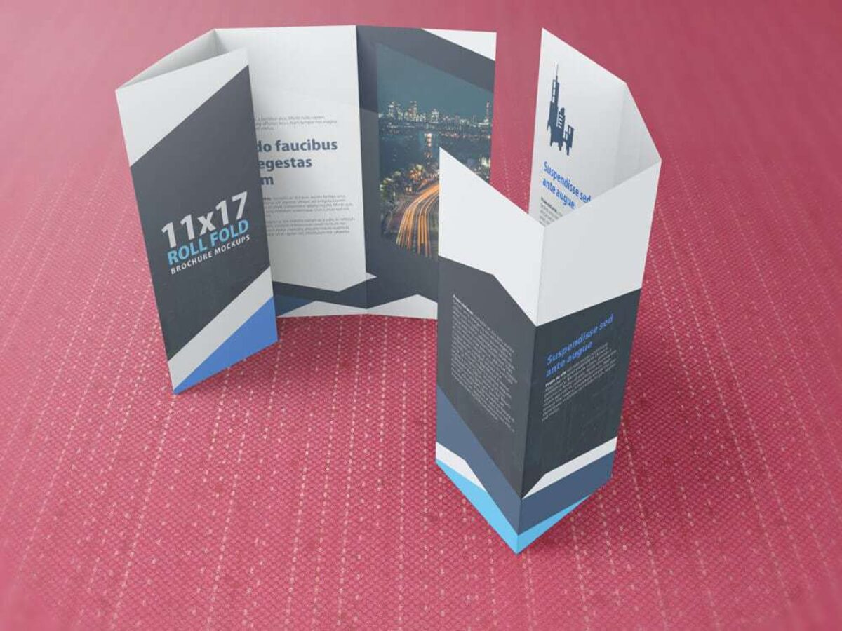  11×17 Four Panel Roll Fold Brochure Mockup 